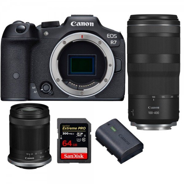 Canon EOS R7 + RF-S 18-150mm IS STM + RF 100-400mm IS USM + 1 SanDisk 64GB Extreme PRO UHS-II SDXC 300 MB/s + 1 Canon LP-E6NH-2