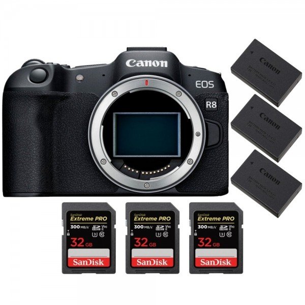 Canon EOS R8 + 3 SanDisk 32GB Extreme PRO UHS-II SDXC 300 MB/s + 3 Canon LP-E17-2