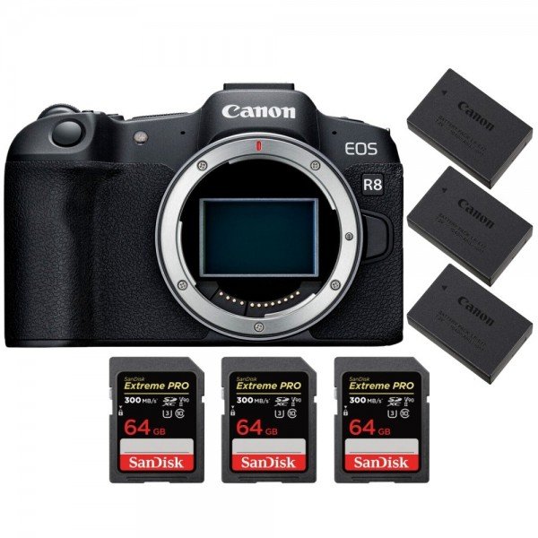 Canon EOS R8 + 3 SanDisk 64GB Extreme PRO UHS-II SDXC 300 MB/s + 3 Canon LP-E17-2