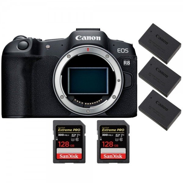 Canon EOS R8 + 2 SanDisk 128GB Extreme PRO UHS-II SDXC 300 MB/s + 3 Canon LP-E17-2