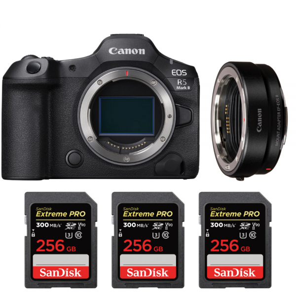 Canon EOS R5 Mark II + EF-EOS R + 3 SanDisk 256GB Extreme PRO UHS-II SDXC 300 MB/s-1