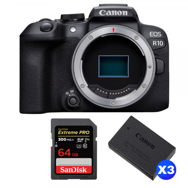 Canon EOS R10 + 1 SanDisk 64GB Extreme PRO UHS-II SDXC 300 MB/s + 3 Canon LP-E17-1