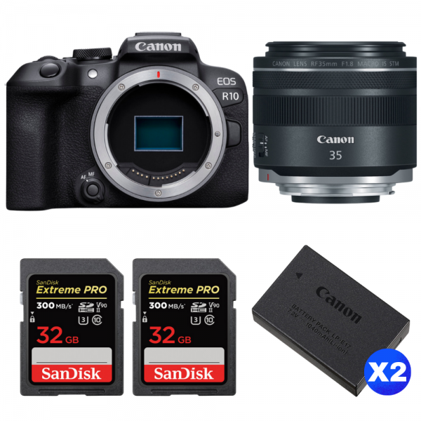 Canon EOS R10 + RF 35 mm F1.8 IS Macro STM + 2 SanDisk 32GB Extreme PRO UHS-II SDXC 300 MB/s + 2 Canon LP-E17-1