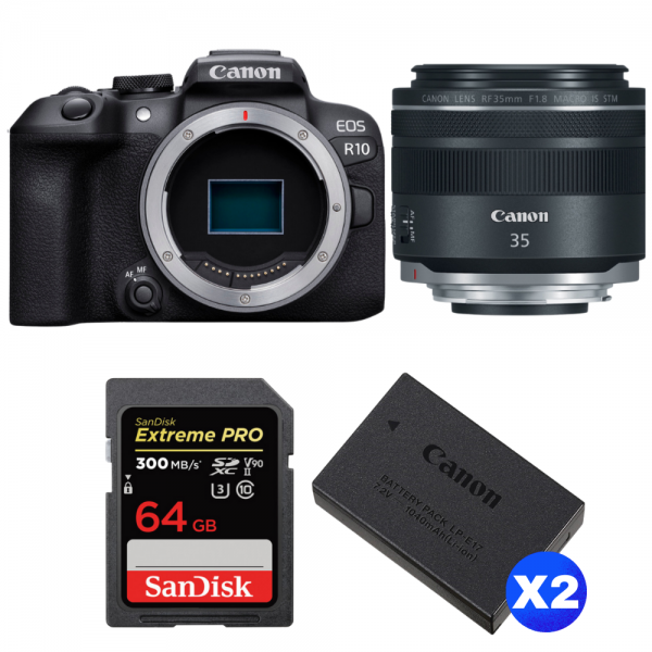 Canon EOS R10 + RF 35mm F1.8 IS Macro STM + 1 SanDisk 64GB Extreme PRO UHS-II SDXC 300 MB/s + 2 Canon LP-E17-1