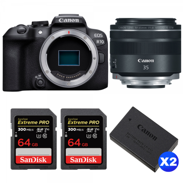 Canon EOS R10 + RF 35mm F1.8 IS Macro STM + 2 SanDisk 64GB Extreme PRO UHS-II SDXC 300 MB/s + 2 Canon LP-E17-1