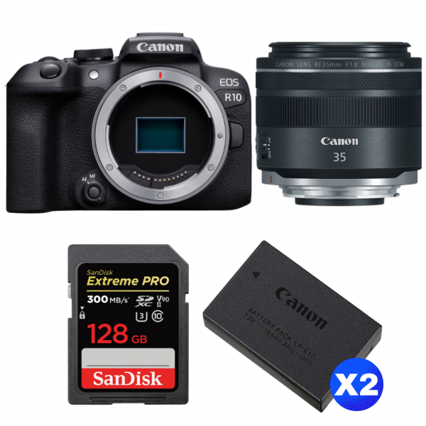 Canon EOS R10 + RF 35 mm F1.8 IS Macro STM + 1 SanDisk 128GB Extreme PRO UHS-II SDXC 300 MB/s + 2 Canon LP-E17-1