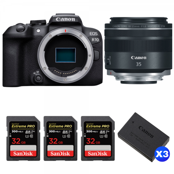 Canon EOS R10 + RF 35mm F1.8 IS Macro STM + 3 SanDisk 32GB Extreme PRO UHS-II SDXC 300 MB/s + 3 Canon LP-E17-1