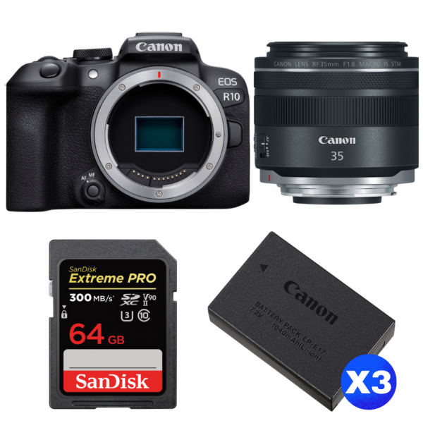 Canon EOS R10 + RF 35mm F1.8 IS Macro STM + 1 SanDisk 64GB Extreme PRO UHS-II SDXC 300 MB/s + 3 Canon LP-E17-1