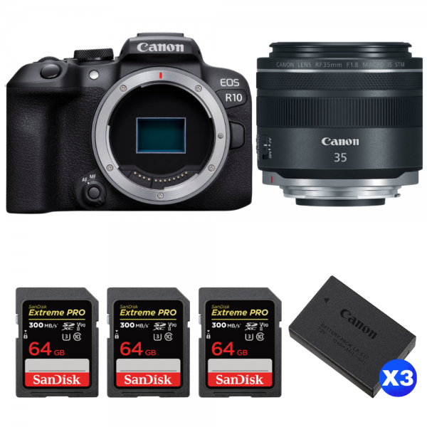 Canon EOS R10 + RF 35 mm F1.8 IS Macro STM + 3 SanDisk 64GB Extreme PRO UHS-II SDXC 300 MB/s + 3 Canon LP-E17-1