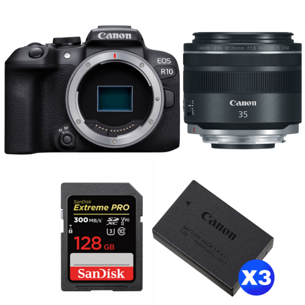 Canon EOS R10 + RF 35 mm F1.8 IS Macro STM + 1 SanDisk 128GB Extreme PRO UHS-II SDXC 300 MB/s + 3 Canon LP-E17-1