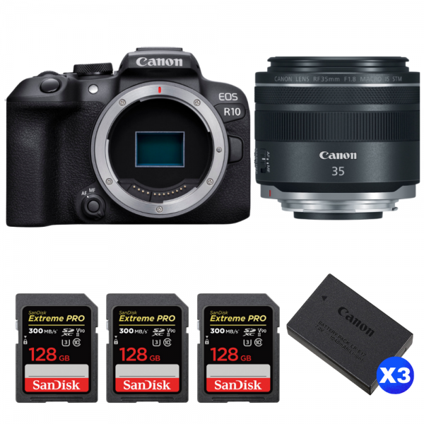 Canon EOS R10 + RF 35mm F1.8 IS Macro STM + 3 SanDisk 128GB Extreme PRO UHS-II SDXC 300 MB/s + 3 Canon LP-E17-1