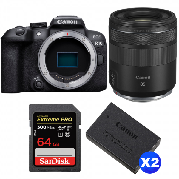 Canon EOS R10 + RF 85 mm F2 Macro IS STM + 1 SanDisk 64GB Extreme PRO UHS-II SDXC 300 MB/s + 2 Canon LP-E17-1