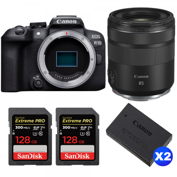 Canon EOS R10 + RF 85mm F2 Macro IS STM + 2 SanDisk 128GB Extreme PRO UHS-II SDXC 300 MB/s + 2 Canon LP-E17-1