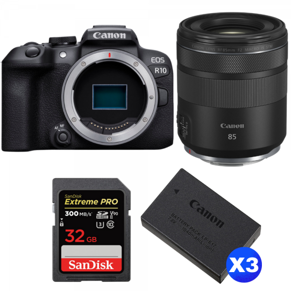 Canon EOS R10 + RF 85 mm F2 Macro IS STM + 1 SanDisk 32GB Extreme PRO UHS-II SDXC 300 MB/s + 3 Canon LP-E17-1