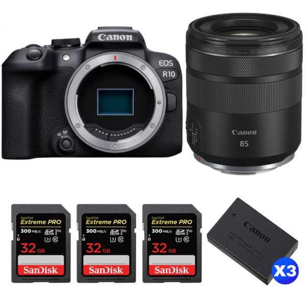 Canon EOS R10 + RF 85 mm F2 Macro IS STM + 3 SanDisk 32GB Extreme PRO UHS-II SDXC 300 MB/s + 3 Canon LP-E17-1