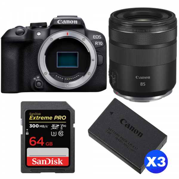 Canon EOS R10 + RF 85mm F2 Macro IS STM + 1 SanDisk 64GB Extreme PRO UHS-II SDXC 300 MB/s + 3 Canon LP-E17-1