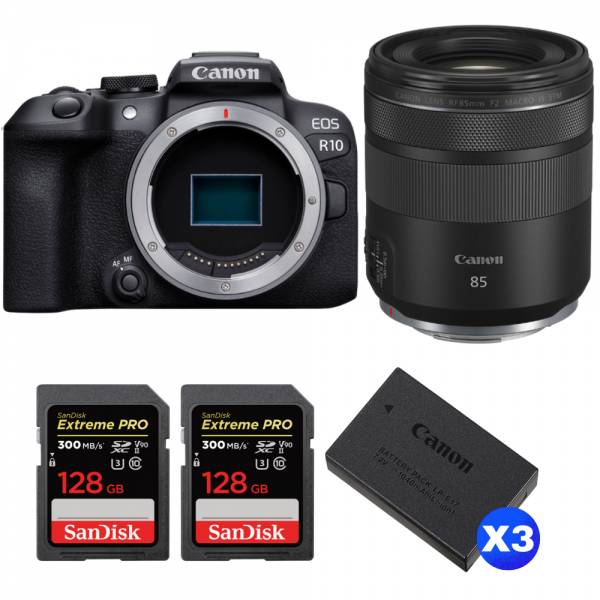 Canon EOS R10 + RF 85mm F2 Macro IS STM + 2 SanDisk 128GB Extreme PRO UHS-II SDXC 300 MB/s + 3 Canon LP-E17-1