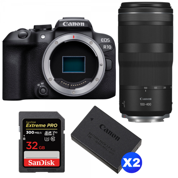 Canon EOS R10 + RF 100-400mm F5.6-8 IS USM + 1 SanDisk 32GB Extreme PRO UHS-II SDXC 300 MB/s + 2 Canon LP-E17-1