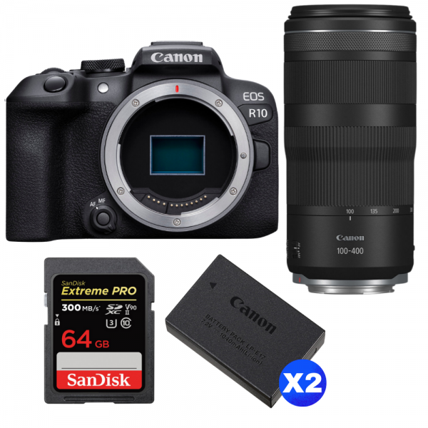Canon EOS R10 + RF 100-400 mm f/5,6-8 IS USM + 1 SanDisk 64GB Extreme PRO UHS-II SDXC 300 MB/s + 2 Canon LP-E17-1