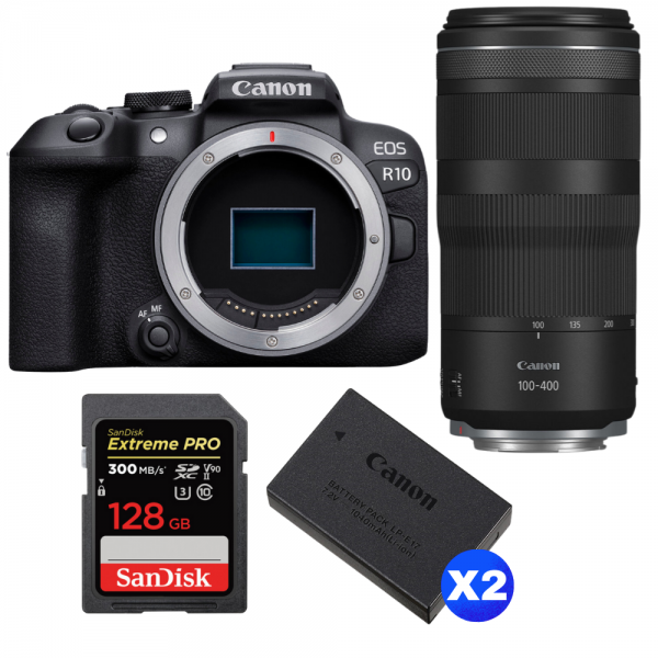Canon EOS R10 + RF 100-400 mm f/5,6-8 IS USM + 1 SanDisk 128GB Extreme PRO UHS-II SDXC 300 MB/s + 2 Canon LP-E17-1