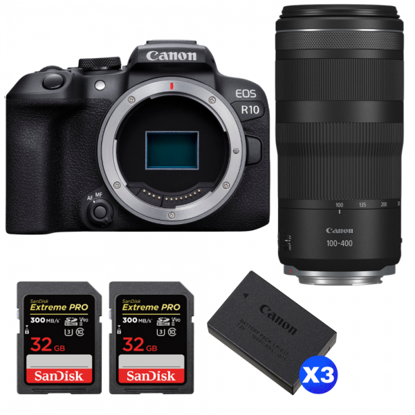 Canon EOS R10 + RF 100-400mm F5.6-8 IS USM + 2 SanDisk 32GB Extreme PRO UHS-II SDXC 300 MB/s + 3 Canon LP-E17-1