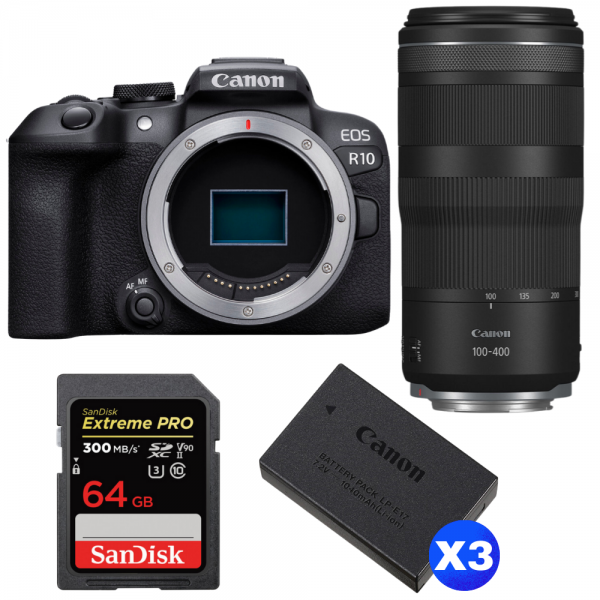 Canon EOS R10 + RF 100-400 mm f/5,6-8 IS USM + 1 SanDisk 64GB Extreme PRO UHS-II SDXC 300 MB/s + 3 Canon LP-E17-1