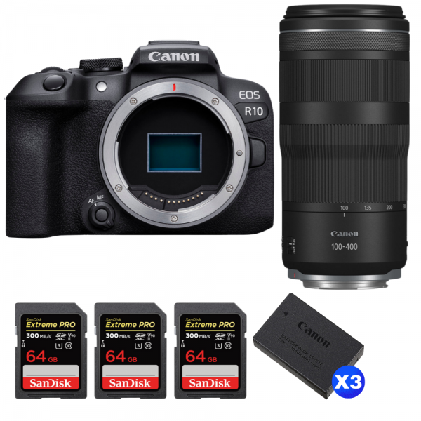 Canon EOS R10 + RF 100-400mm F5.6-8 IS USM + 3 SanDisk 64GB Extreme PRO UHS-II SDXC 300 MB/s + 3 Canon LP-E17-1