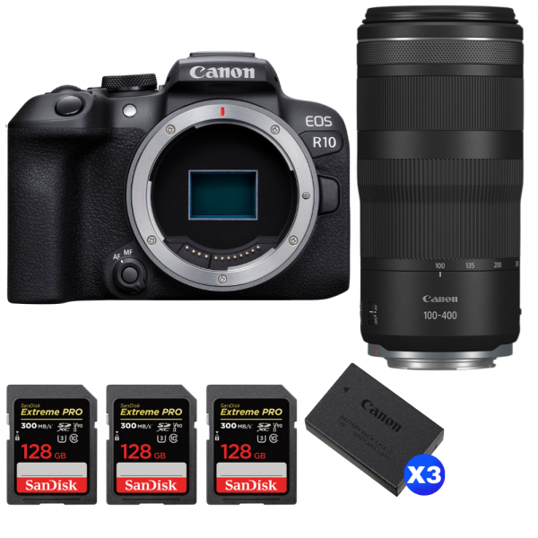 Canon EOS R10 + RF 100-400mm F5.6-8 IS USM + 3 SanDisk 128GB Extreme PRO UHS-II SDXC 300 MB/s + 3 Canon LP-E17-1
