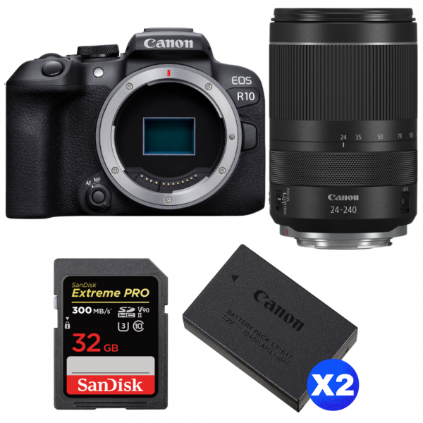 Camara Canon EOS R10 + RF 24-240 mm f/4-6,3 IS USM + 1 SanDisk 32GB Extreme PRO UHS-II SDXC 300 MB/s + 2 Canon LP-E17-1