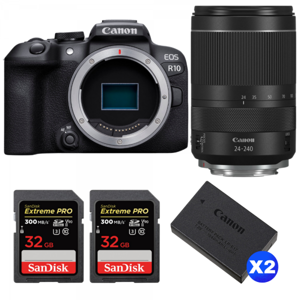 Canon EOS R10 + RF 24-240 mm f/4-6,3 IS USM + 2 SanDisk 32GB Extreme PRO UHS-II SDXC 300 MB/s + 2 Canon LP-E17-1