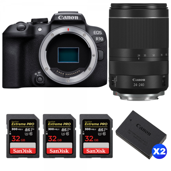 Canon EOS R10 + RF 24-240mm F4-6.3 IS USM + 3 SanDisk 32GB Extreme PRO UHS-II SDXC 300 MB/s + 2 Canon LP-E17-1