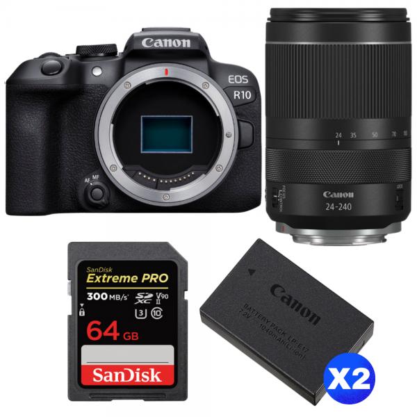 Camara Canon EOS R10 + RF 24-240 mm f/4-6,3 IS USM + 1 SanDisk 64GB Extreme PRO UHS-II SDXC 300 MB/s + 2 Canon LP-E17-1