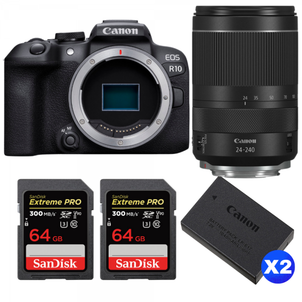 Canon EOS R10 + RF 24-240 mm f/4-6,3 IS USM + 2 SanDisk 64GB Extreme PRO UHS-II SDXC 300 MB/s + 2 Canon LP-E17-1