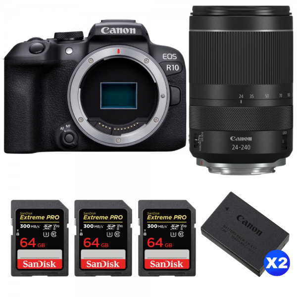 Canon EOS R10 + RF 24-240mm F4-6.3 IS USM + 3 SanDisk 64GB Extreme PRO UHS-II SDXC 300 MB/s + 2 Canon LP-E17-1