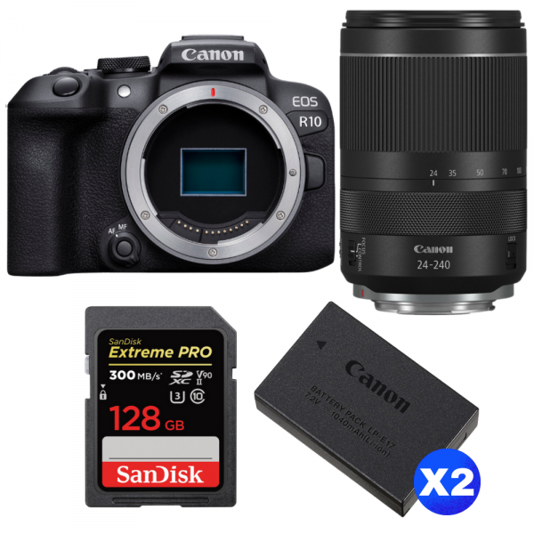 Camara Canon EOS R10 + RF 24-240 mm f/4-6,3 IS USM + 1 SanDisk 128GB Extreme PRO UHS-II SDXC 300 MB/s + 2 Canon LP-E17-1