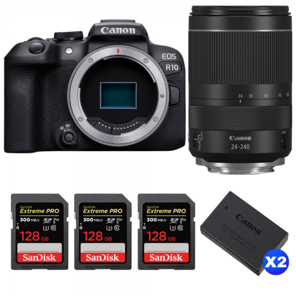Canon EOS R10 + RF 24-240mm F4-6.3 IS USM + 3 SanDisk 128GB Extreme PRO UHS-II SDXC 300 MB/s + 2 Canon LP-E17-1
