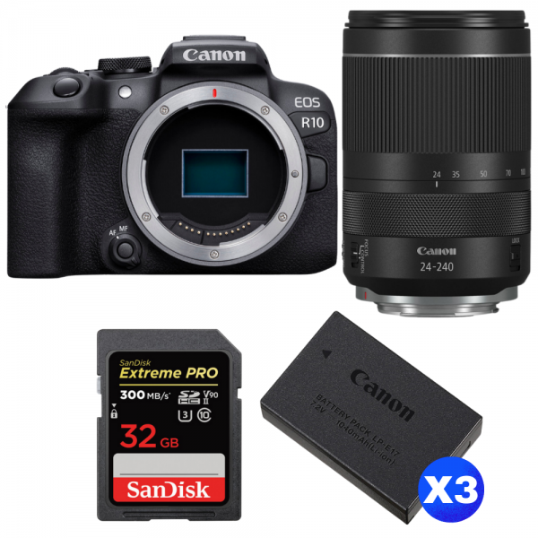 Canon EOS R10 + RF 24-240 mm f/4-6,3 IS USM + 1 SanDisk 32GB Extreme PRO UHS-II SDXC 300 MB/s + 3 Canon LP-E17-1