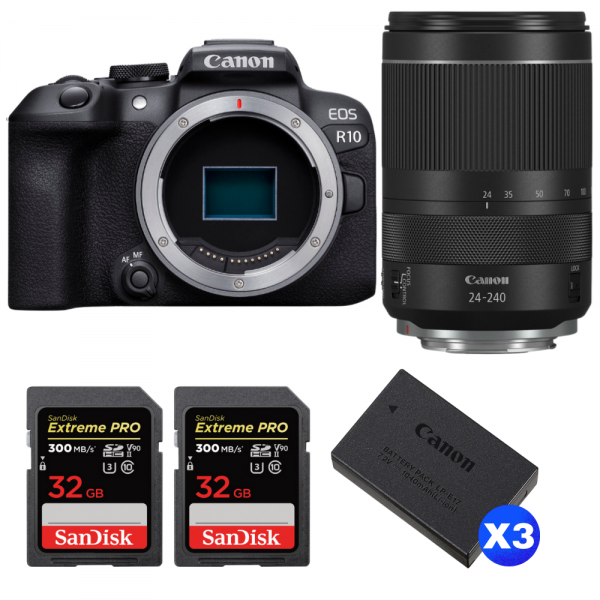Canon EOS R10 + RF 24-240 mm f/4-6,3 IS USM + 2 SanDisk 32GB Extreme PRO UHS-II SDXC 300 MB/s + 3 Canon LP-E17-1