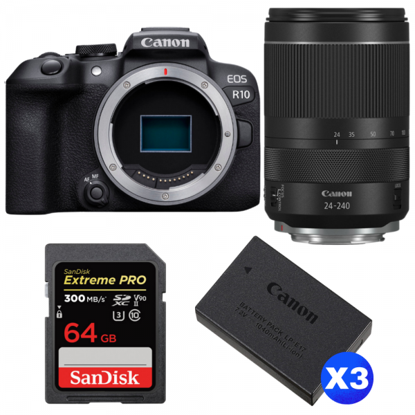 Camara Canon EOS R10 + RF 24-240 mm f/4-6,3 IS USM + 1 SanDisk 64GB Extreme PRO UHS-II SDXC 300 MB/s + 3 Canon LP-E17-1