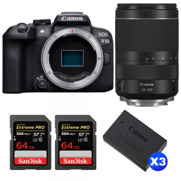 Canon EOS R10 + RF 24-240 mm f/4-6,3 IS USM + 2 SanDisk 64GB Extreme PRO UHS-II SDXC 300 MB/s + 3 Canon LP-E17-1