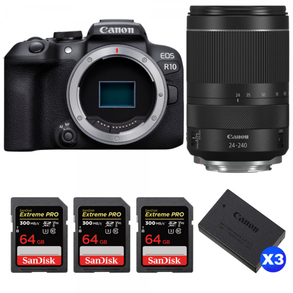 Canon EOS R10 + RF 24-240 mm f/4-6,3 IS USM + 3 SanDisk 64GB Extreme PRO UHS-II SDXC 300 MB/s + 3 Canon LP-E17-1