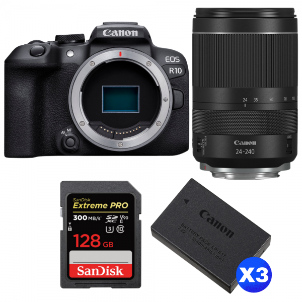 Canon EOS R10 + RF 24-240mm F4-6.3 IS USM + 1 SanDisk 128GB Extreme PRO UHS-II SDXC 300 MB/s + 3 Canon LP-E17-1