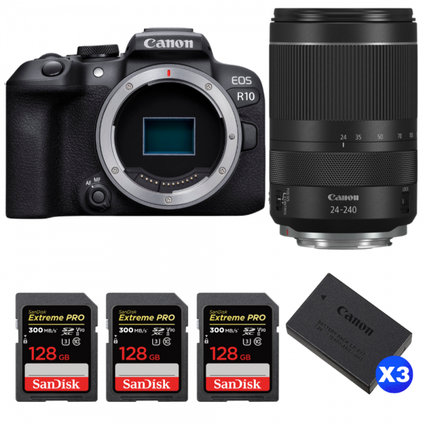 Canon EOS R10 + RF 24-240mm F4-6.3 IS USM + 3 SanDisk 128GB Extreme PRO UHS-II SDXC 300 MB/s + 3 Canon LP-E17-1