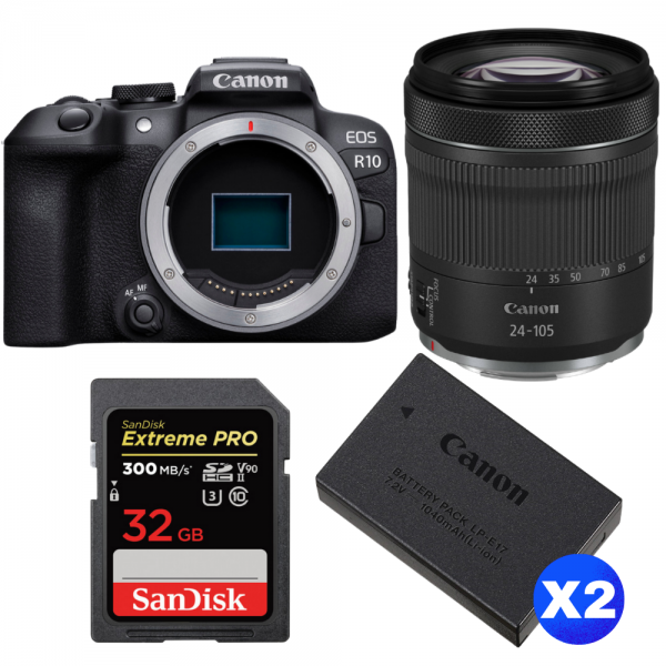 Canon EOS R10 + RF 24-105mm F4-7.1 IS STM + 1 SanDisk 32GB Extreme PRO UHS-II SDXC 300 MB/s + 2 Canon LP-E17-1