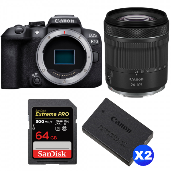 Canon EOS R10 + RF 24-105mm F4-7.1 IS STM + 1 SanDisk 64GB Extreme PRO UHS-II SDXC 300 MB/s + 2 Canon LP-E17-1