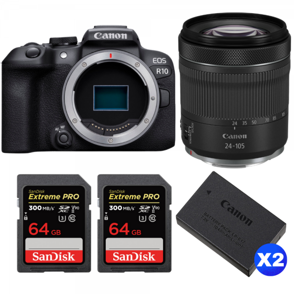 Canon EOS R10 + RF 24-105mm F4-7.1 IS STM + 2 SanDisk 64GB Extreme PRO UHS-II SDXC 300 MB/s + 2 Canon LP-E17-1
