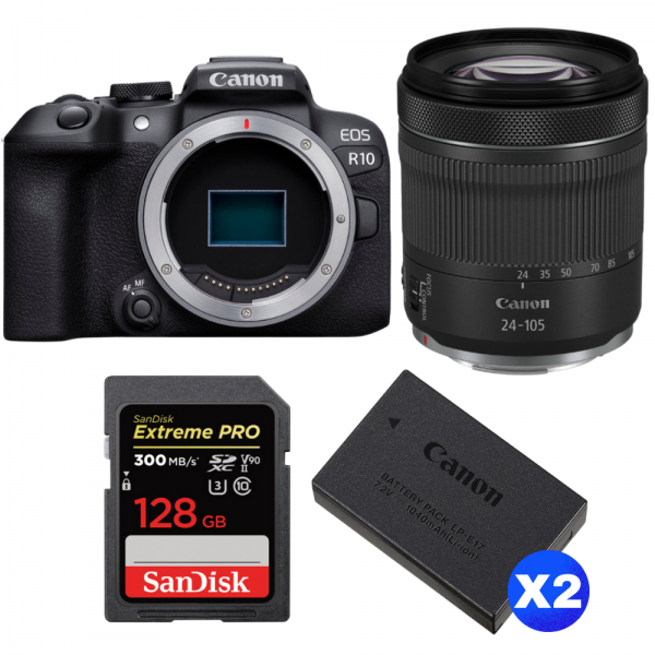 Canon EOS R10 + RF 24-105mm F4-7.1 IS STM + 1 SanDisk 128GB Extreme PRO UHS-II SDXC 300 MB/s + 2 Canon LP-E17-1