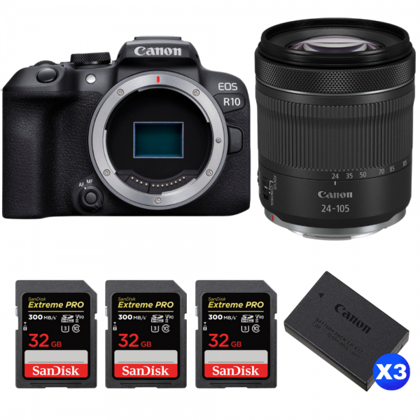 Canon EOS R10 + RF 24-105 mm f/4-7,1 IS STM + 3 SanDisk 32GB Extreme PRO UHS-II SDXC 300 MB/s + 3 Canon LP-E17-1