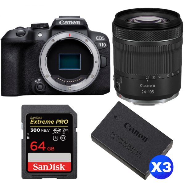 Canon EOS R10 + RF 24-105mm F4-7.1 IS STM + 1 SanDisk 64GB Extreme PRO UHS-II SDXC 300 MB/s + 3 Canon LP-E17-1