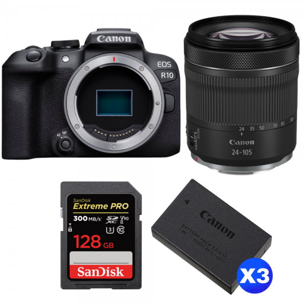Canon EOS R10 + RF 24-105mm F4-7.1 IS STM + 1 SanDisk 128GB Extreme PRO UHS-II SDXC 300 MB/s + 3 Canon LP-E17-1